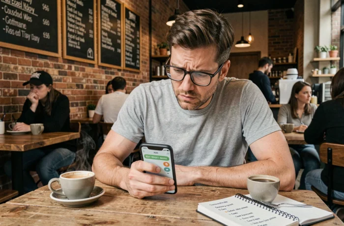 Homme réfléchissant sur son smartphone dans un café en jouant à un jeu de vocabulaire de type Pedantix