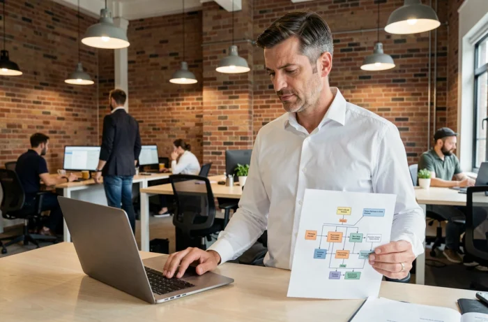 Homme consultant un plan de site imprimé et un ordinateur portable dans un espace de coworking