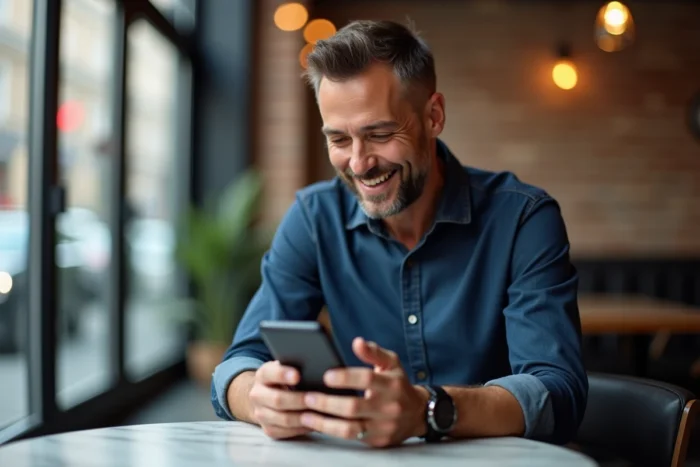 Homme recherchant une ancienne réservation Booking sur son smartphone dans un café