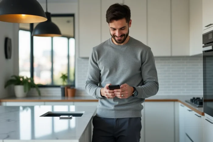 Homme consultant un site de mode sur smartphone avec sa carte bancaire dans une cuisine moderne