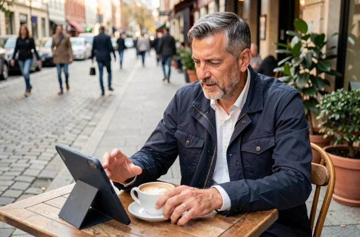 Homme consultant un smartphone grand écran en terrasse de café urbain, illustrant l'usage quotidien des nouvelles technologies mobiles