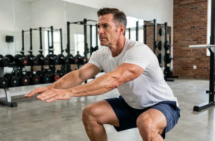 Homme adulte effectuant des squats dans une salle de sport moderne, représentant l'activité physique régulière pour la santé