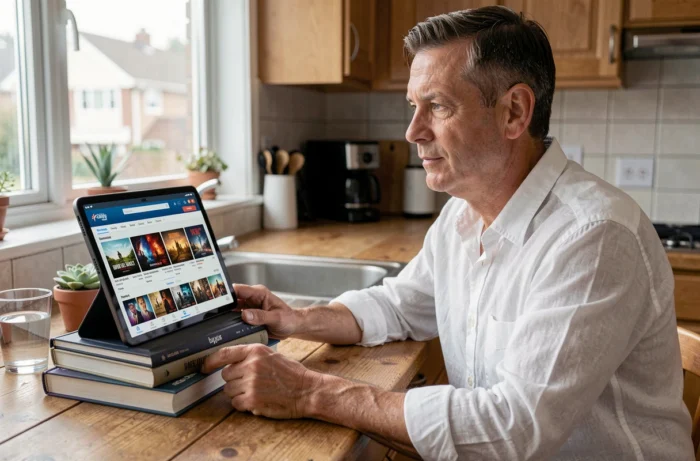Homme utilisant une tablette pour accéder à un site DDL gratuit de films dans sa cuisine