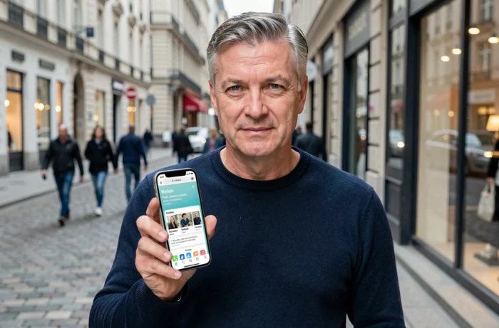 Un homme en ville consultant sur son smartphone la nouvelle interface et le nouveau nom d'une application après son rebranding