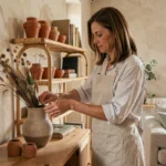 Femme arrangeant des fleurs séchées dans un vase en céramique sur un meuble en bois dans un salon décoré avec des touches naturelles et scandinaves