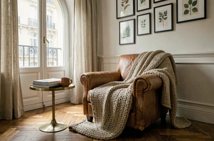 Coin lecture cosy avec fauteuil en cuir cognac, plaid tricoté et table dorée dans un appartement parisien aux parquets en chevrons et murs ornés de cadres botaniques