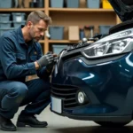 Mécanicien inspectant une pièce détachée moteur d'une Renault Clio dans un garage particulier