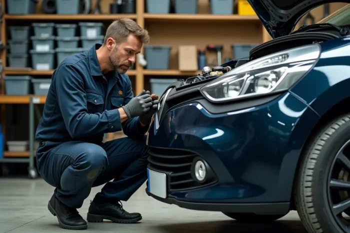 Mécanicien inspectant une pièce détachée moteur d'une Renault Clio dans un garage particulier