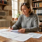Femme consultant des documents fiscaux et contrats de location à une table en bois dans un appartement parisien
