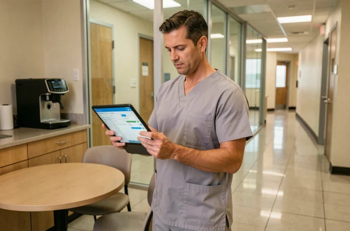 Infirmier consultant une application de gestion des soins sur tablette dans une salle de pause médicale