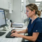 Infirmière utilisant un logiciel médical sur un ordinateur dans une station de soins hospitalière