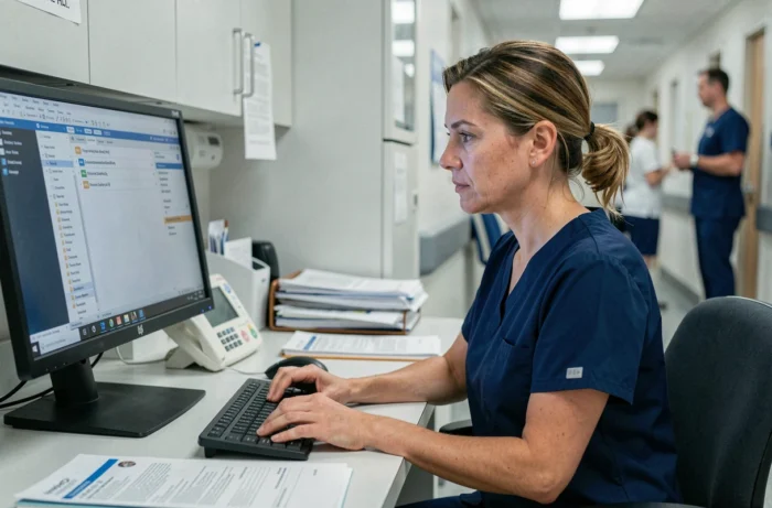Infirmière utilisant un logiciel médical sur un ordinateur dans une station de soins hospitalière