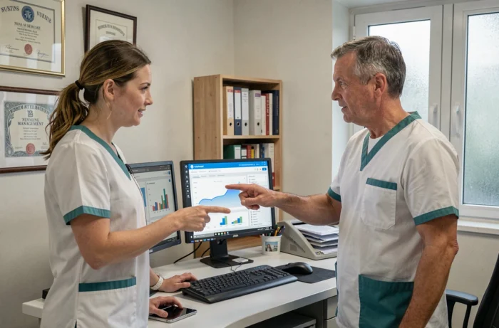 Deux infirmiers collaborant devant un logiciel de gestion des soins infirmiers dans un bureau clinique
