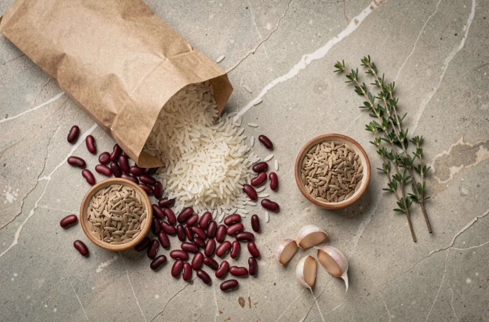Vue de dessus des ingrédients bruts pour préparer du riz et haricots rouges : riz cru, haricots secs, épices et herbes