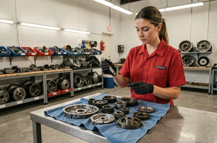 Technicienne automobile inspectant des pièces internes d'une boîte de vitesses propres après lavage