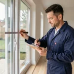 Installateur professionnel mesurant une fenêtre coulissante PVC sur mesure dans un salon rénové