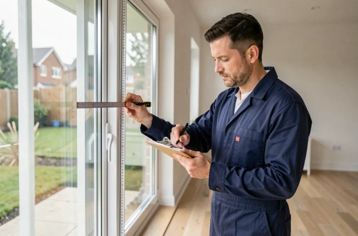 Installateur professionnel mesurant une fenêtre coulissante PVC sur mesure dans un salon rénové