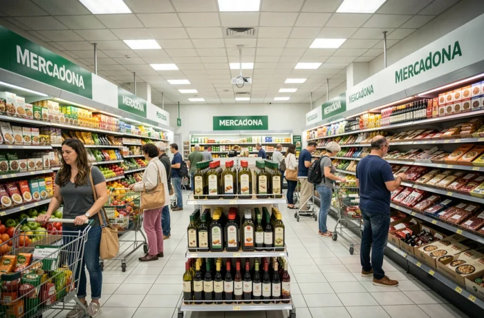 Intérieur d'un supermarché Mercadona avec rayons bien organisés et produits espagnols typiques