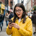 Jeune femme surprise en imperméable jaune consultant son smartphone dans une rue animée de la ville