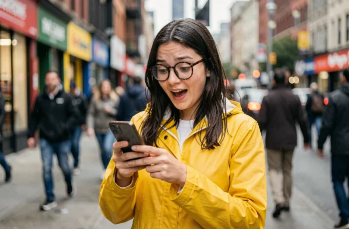 Jeune femme surprise en imperméable jaune consultant son smartphone dans une rue animée de la ville