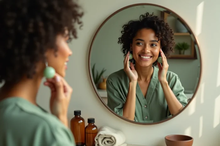 Jeune femme aux cheveux bouclés utilisant un rouleau de jade pour masser son visage devant un miroir rond, soins beauté naturels