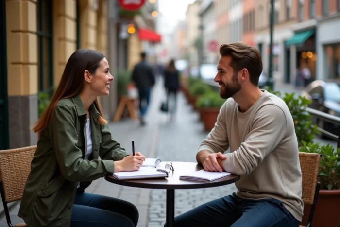 Deux jeunes professionnels échangeant des conseils de carrière en terrasse de café urbain