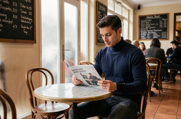 Journaliste lisant le magazine Bart dans un café parisien tendance, atmosphère culturelle et urbaine