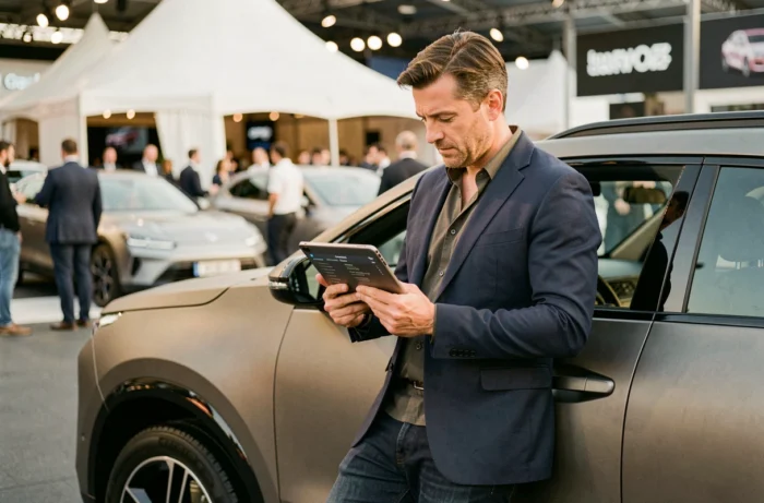 Journaliste automobile masculin examinant une tablette devant un SUV lors d'un salon automobile 2024