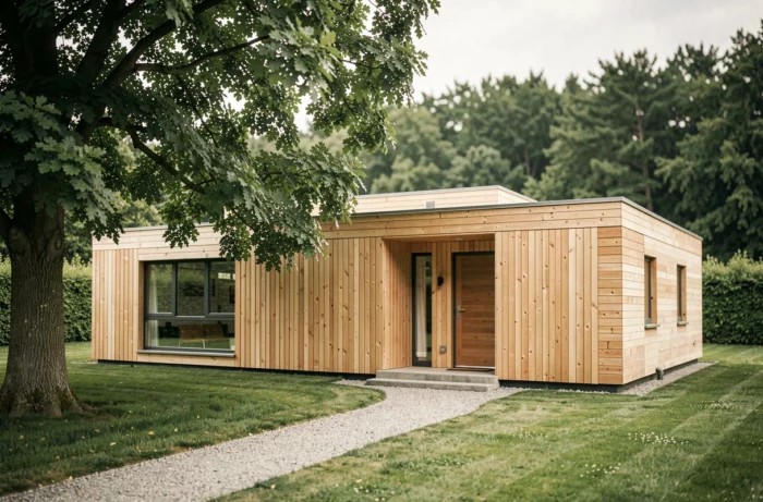 Maison individuelle moderne construite avec le système Gablok en bois, entourée d'un jardin verdoyant