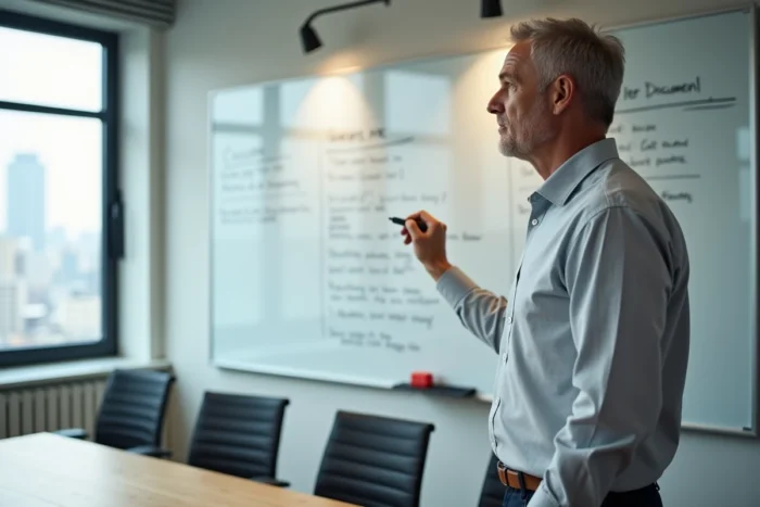 Manager expliquant les différences entre circulaire et note de service sur un tableau blanc en salle de réunion