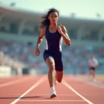 Athlète de saut en hauteur en pleine approche sur une piste d'athlétisme olympique lors d'une compétition