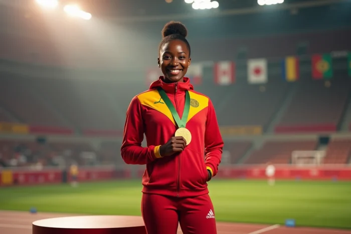 Championne de saut en hauteur sur le podium tenant sa médaille d'or lors d'une cérémonie de remise des prix