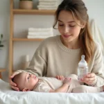 Mère tenant un biberon d'eau pour soulager la constipation de son bébé dans une chambre d'enfant apaisante