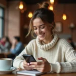 Jeune femme souriante dans un café en train d'écrire un message d'amour sur son smartphone
