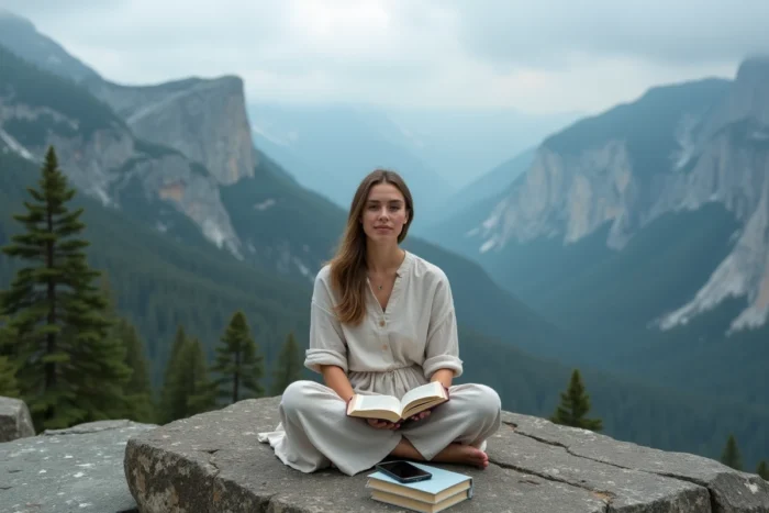 Femme assise au sommet d'une montagne avec son téléphone posé face à plat symbolisant la digital detox volontaire