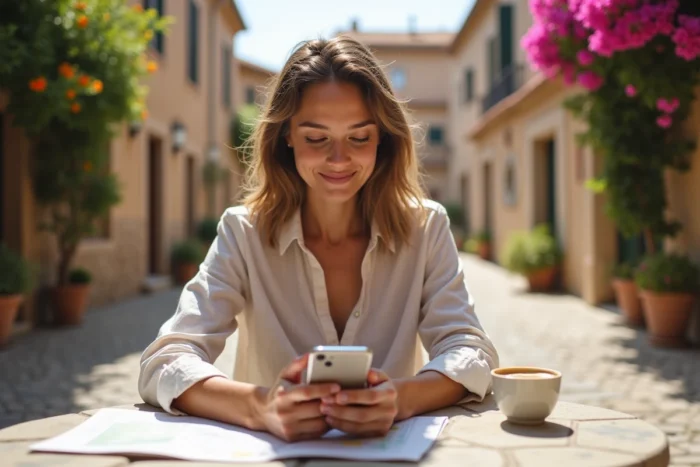 Jeune femme tapant un message géolocalisé sur son téléphone dans une place de village méditerranéen