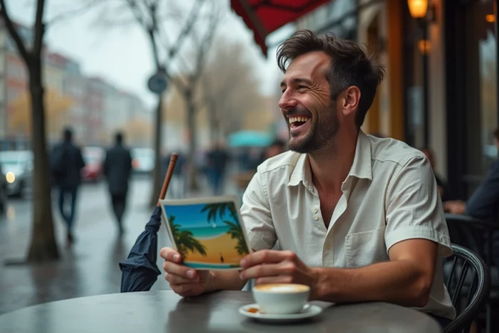 Homme riant seul avec une carte postale tropicale dans un café gris d'automne en ville
