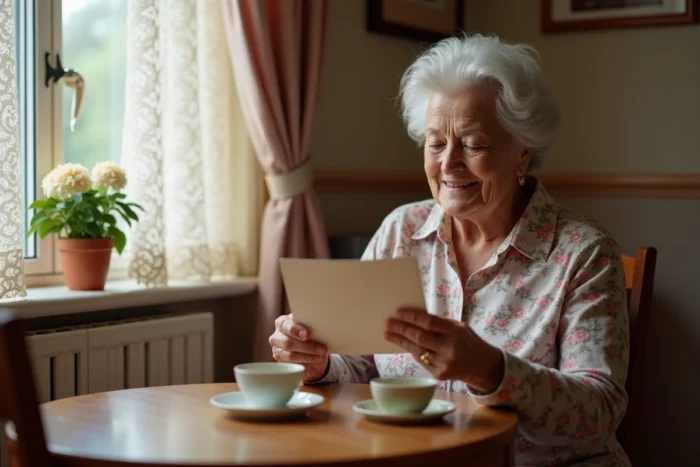 Femme âgée seule lisant une carte de vacances virtuelle à sa table avec un sourire ému