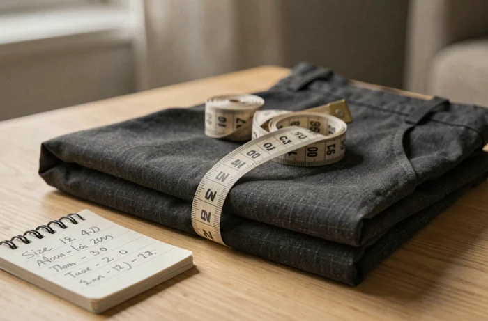 Gros plan d'un mètre ruban posé sur un pantalon taille 42 avec des notes de correspondance de tailles