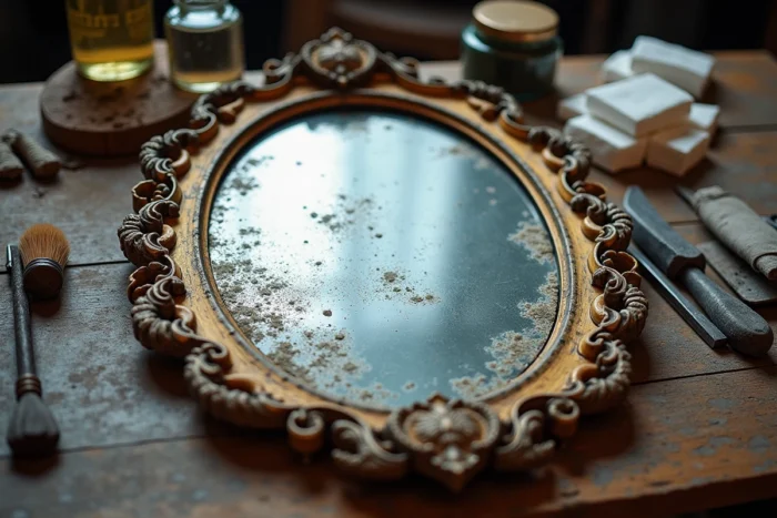 Gros plan sur un miroir ancien piqué posé sur un établi avec des outils de restauration et produits chimiques