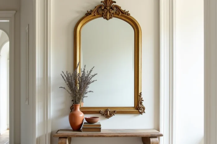 Miroir ancien restauré avec cadre doré accroché dans un couloir de style provençal avec console en bois et lavande séchée