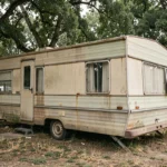 Mobil-home de plus de 20 ans sur un camping en France, avec façade vieillie et revêtement extérieur usé