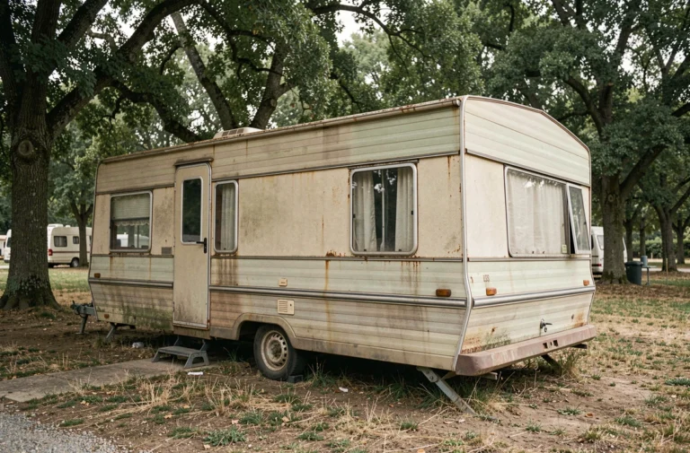 Mobil-home de plus de 20 ans sur un camping en France, avec façade vieillie et revêtement extérieur usé