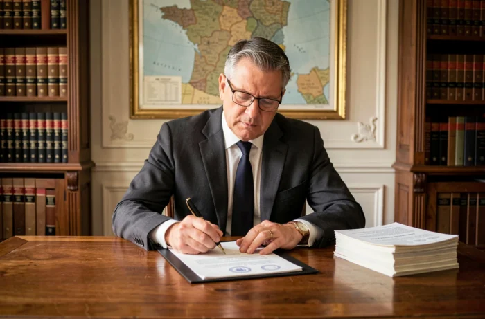 Notaire français signant des actes immobiliers dans un bureau traditionnel aux étagères remplies de livres juridiques