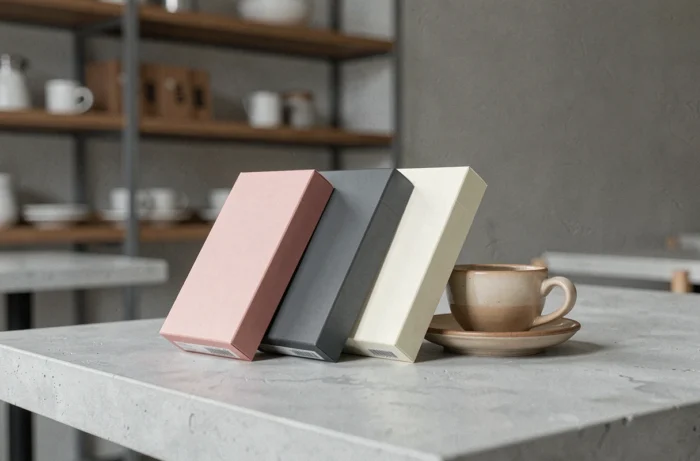 Trois paquets de cigarettes slim colorés posés contre une tasse à café dans un café moderne minimaliste