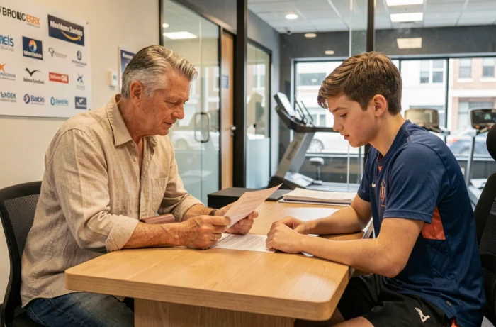 Parent et adolescent consultant un conseiller en salle de sport pour l'adhésion d'un mineur