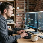 Un homme passionné d'informatique travaillant sur plusieurs écrans dans un bureau moderne à domicile