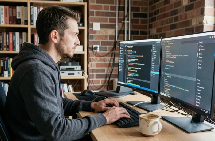 Un homme passionné d'informatique travaillant sur plusieurs écrans dans un bureau moderne à domicile