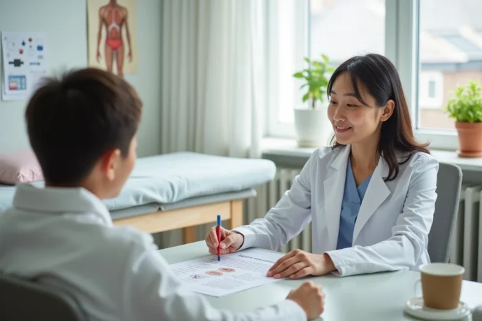Pédiatre conseillant un parent sur le choix de l'eau adaptée pour soulager la constipation d'un bébé en consultation médicale