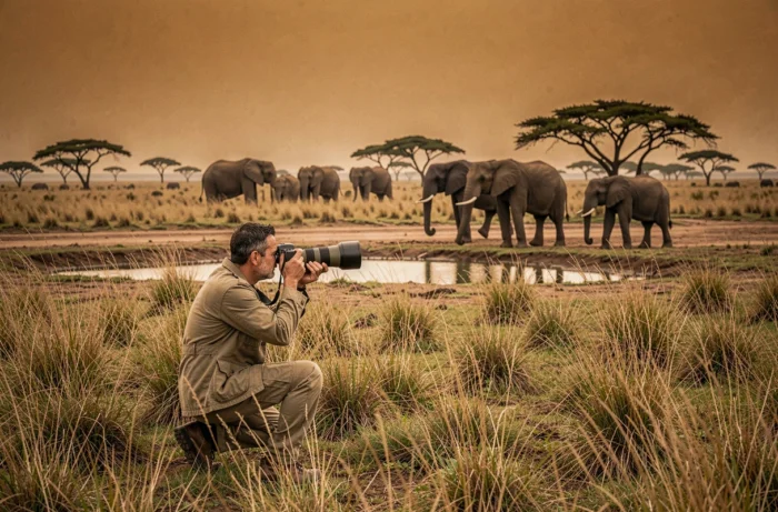 Photographe animalier observant des éléphants dans la savane africaine